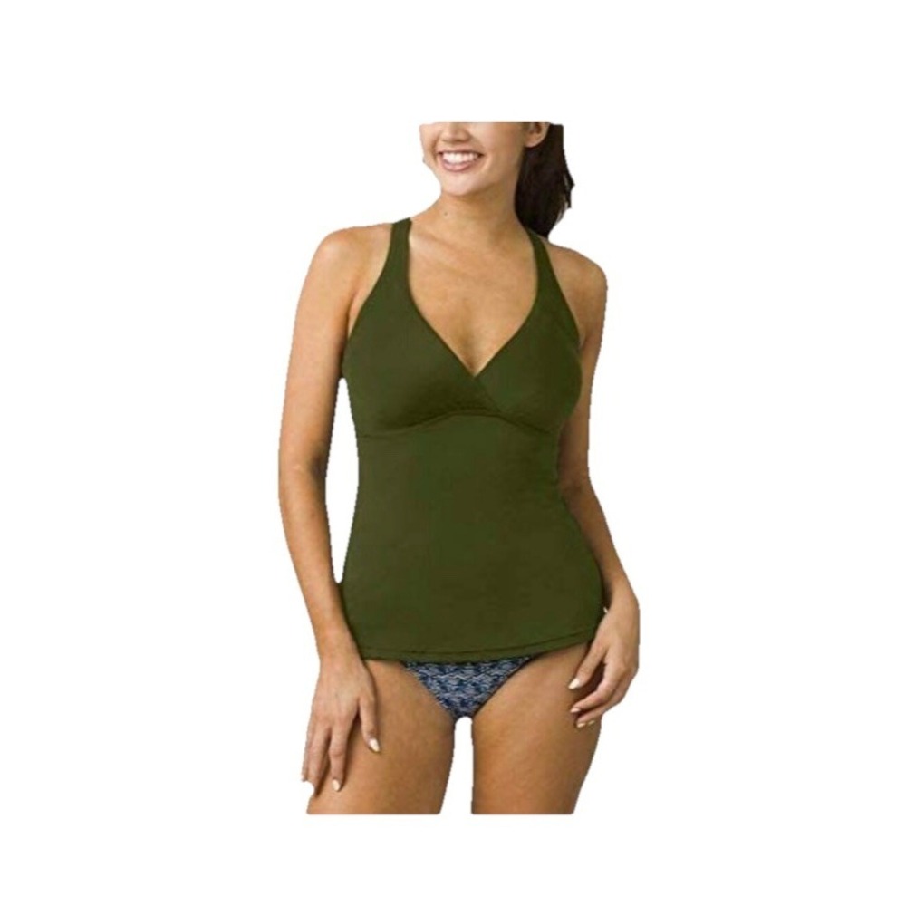 PRANA RIMINI TANKINI SWIM TOP Women's Small - EMERALD GREEN RIB -OPEN TIE BACK